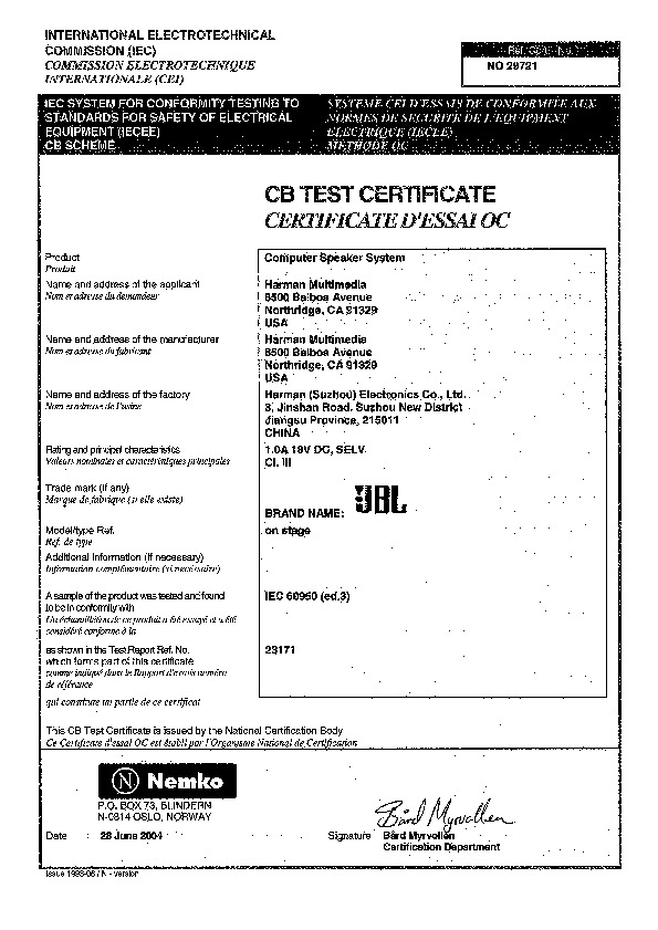 JBL CREATURE II - CB Certificate — online or Download repair manual