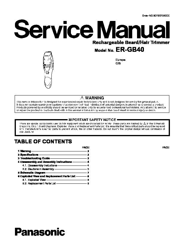 Panasonic Er Gb40 Service Manual View Online Or Download Repair Manual