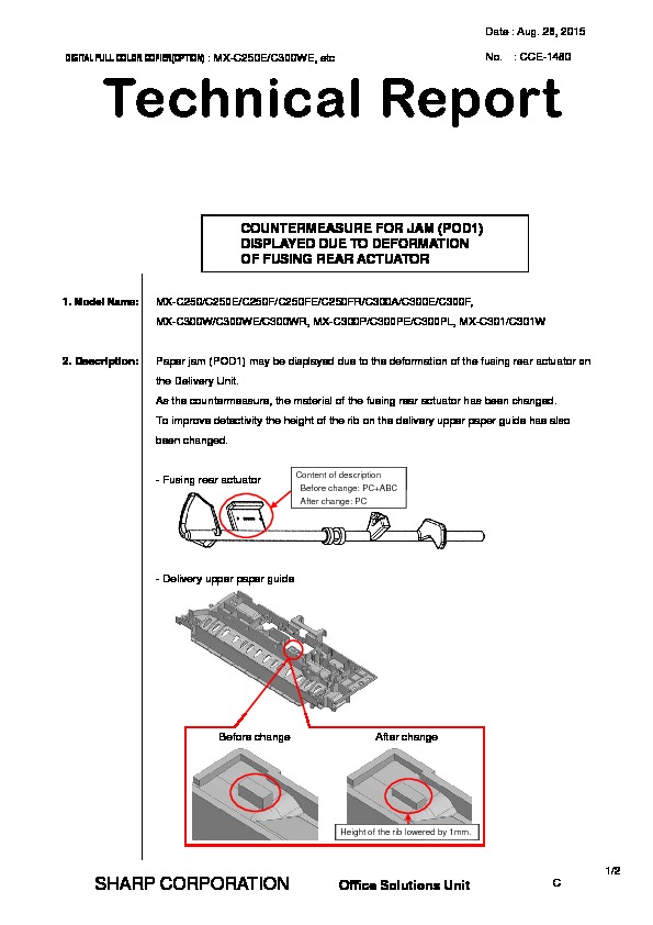 Sharp Mx C301 Mx C301w Serv Man30 Technical Bulletin View Online Or Download Repair Manual Cce1480 Countermeasure For Jam Pod1 Displayed Due To Deformation Of Fusing Rear Actuator