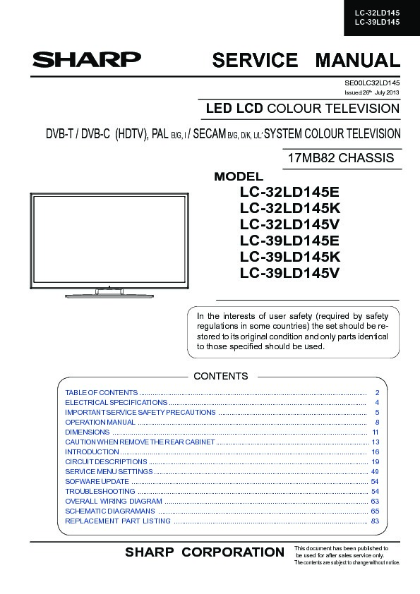 Sharp LC-32LD145E Service Manual Download or View online for FREE