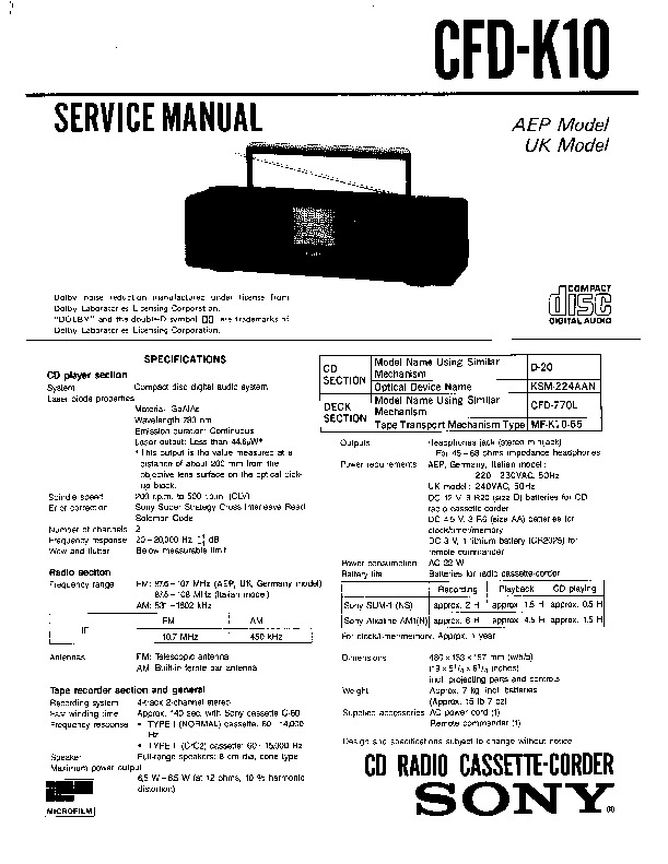 Sony CFD-K10 Service Manual — View online or Download repair manual