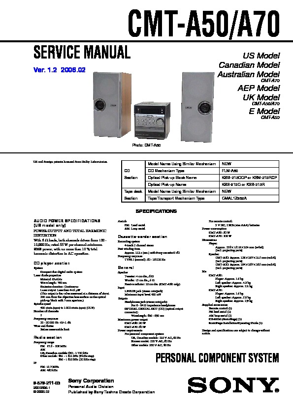 Sony CMT-A50, CMT-A70 Service Manual — View online or Download 