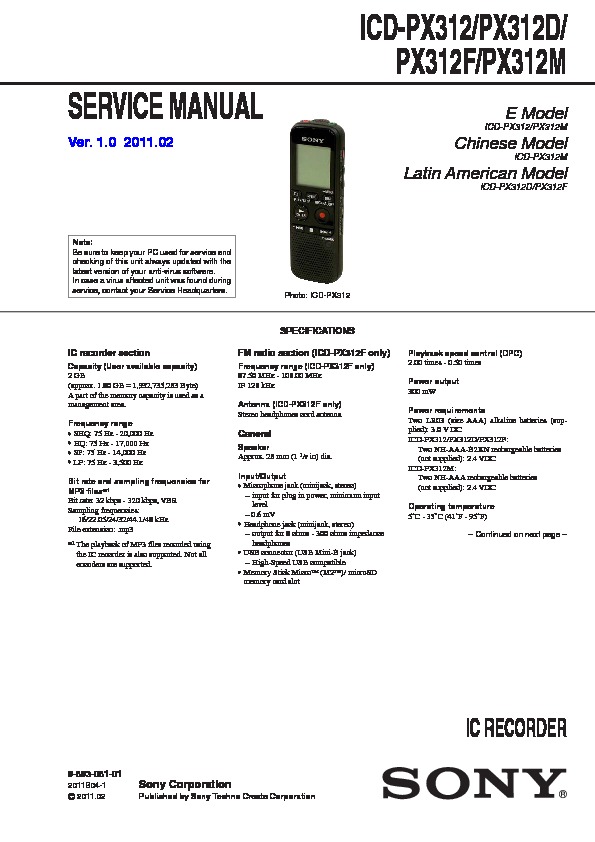 aanwijzing Snel werkzaamheid Sony ICD-PX312, ICD-PX312D, ICD-PX312F, ICD-PX312 M, ICD-PX312M (SERV.MAN2)  Service Manual — View online or Download repair manual