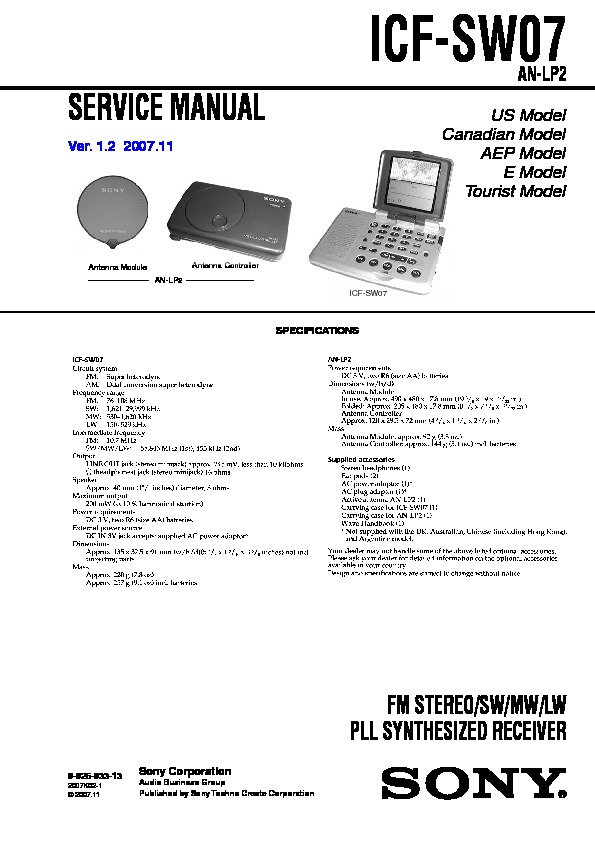 Sony ICF-SW07 Service Manual — View online or Download repair manual