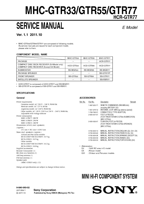 Sony MHC-GTR33, MHC-GTR55, MHC-GTR77 Service Manual — View online or
