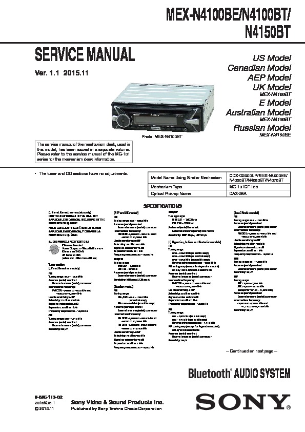 Sony MEX-N4100BE, MEX-N4100BT, MEX-N4150BT Service Manual — View online
