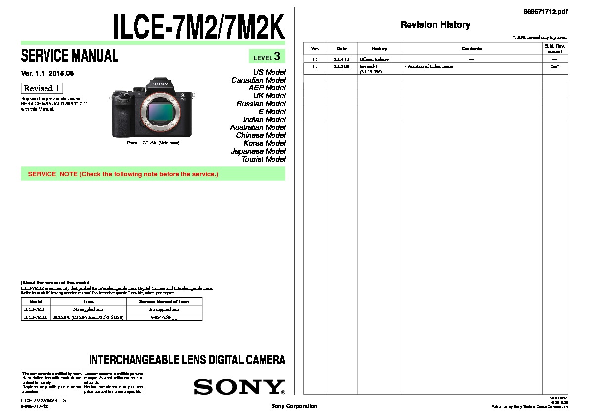 Sony ILCE-7M2, ILCE-7M2K Service Manual Download or View online for FREE
