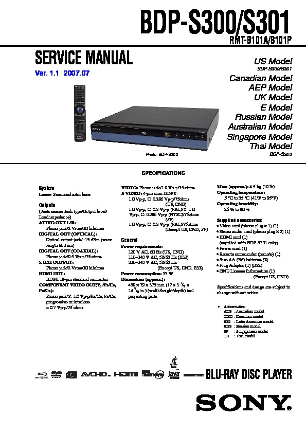 Sony BDP-S300, BDP-S301 Service Manual — View online or Download repair
